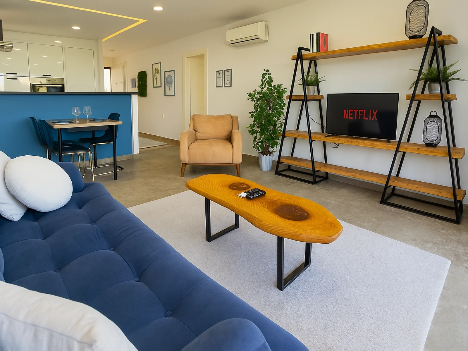 Kuşadası Lavender Residence B4 living room with TV unit and open-plan living area