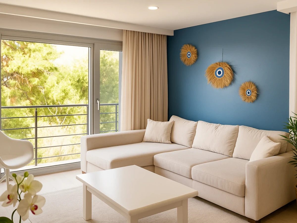 Kuşadası Lavender Residence A4 living room with private balcony and forest view