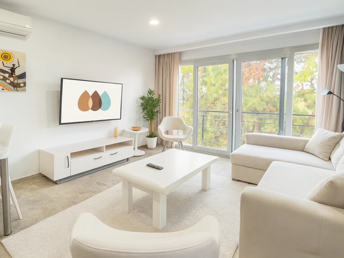 Kuşadası Lavender Residence A4 living room with TV unit and bright seating area