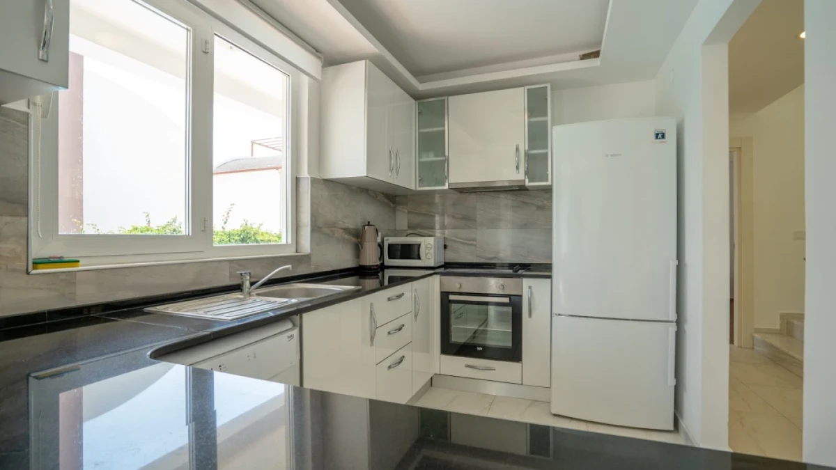 Modern kitchen with built-in appliances and wide countertop