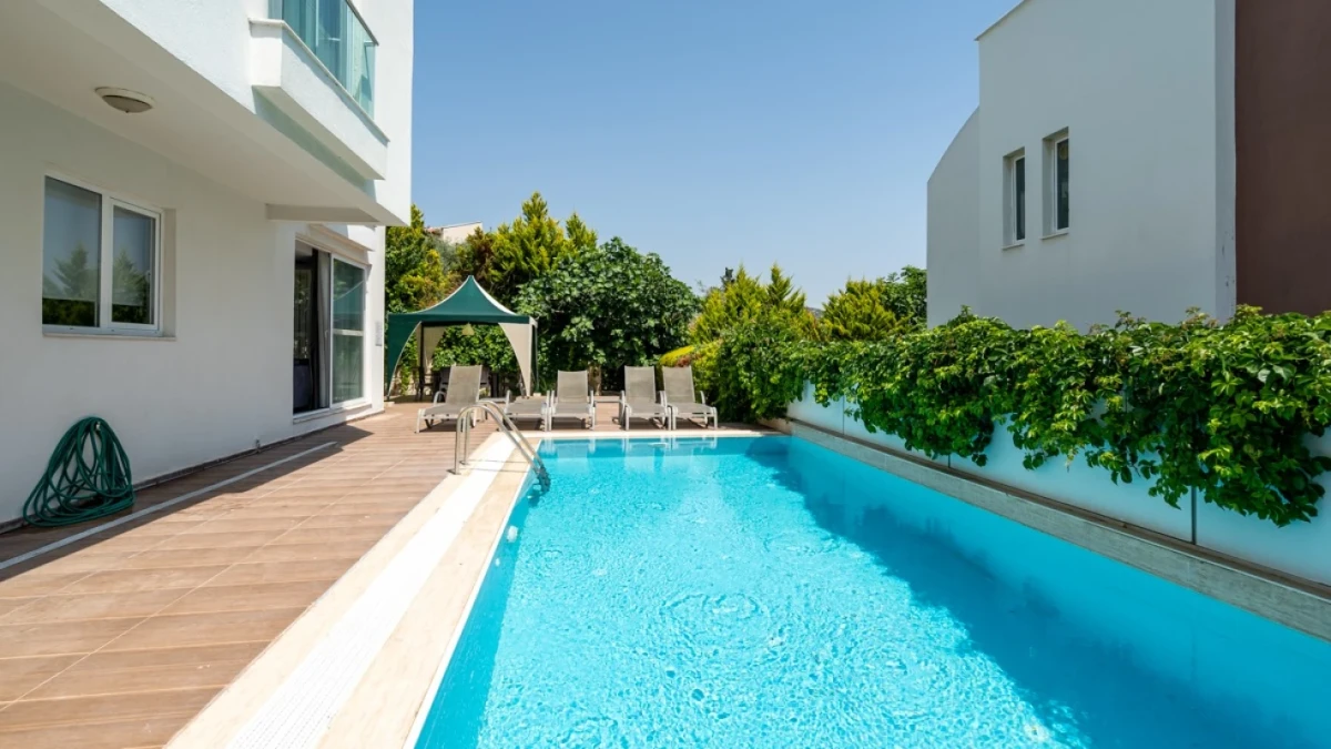 Villa exterior with long private pool and terrace