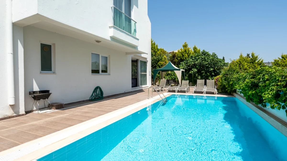Villa exterior with long private pool and terrace