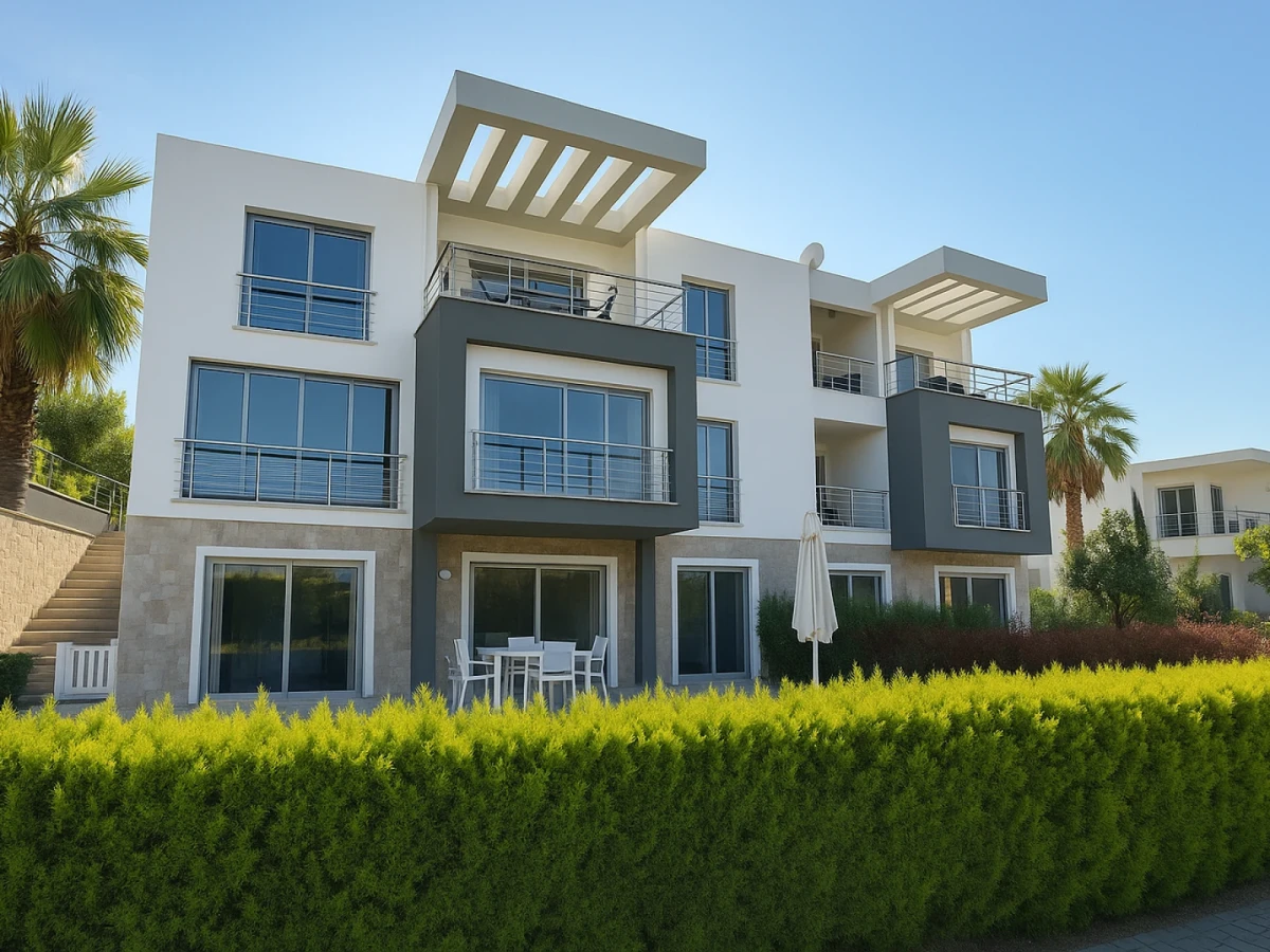 Kuşadası Lavender Residence B1 blok dış görünümü ve bahçe katı daire cephesi